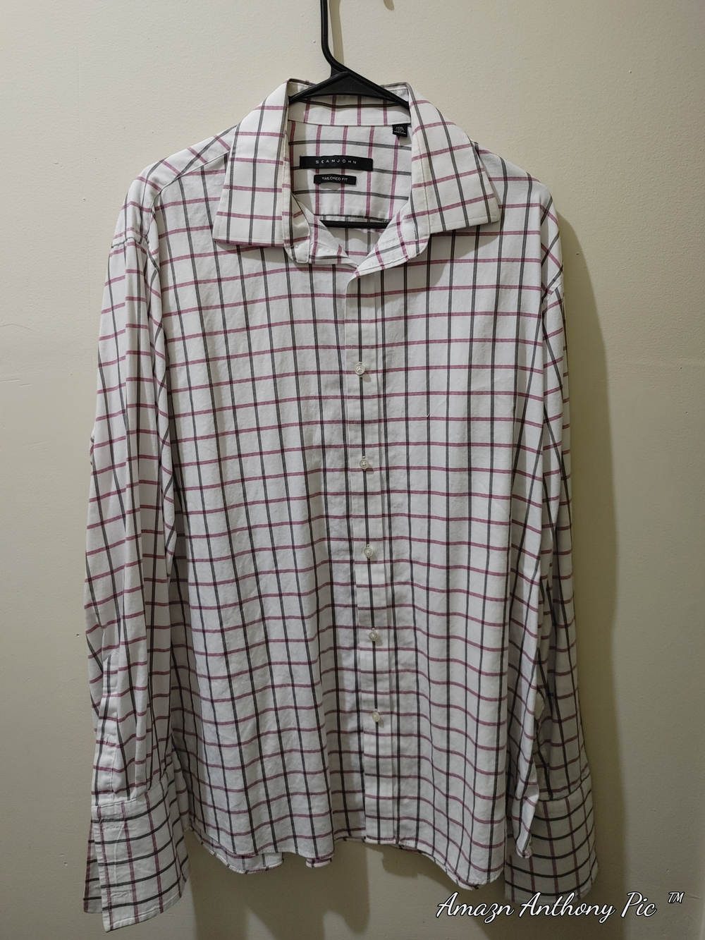 Sean John White Shirt with Burgundy Grid Plaid - Men's